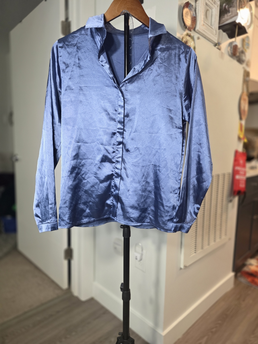 Blue Satin Button-Front Women's Top